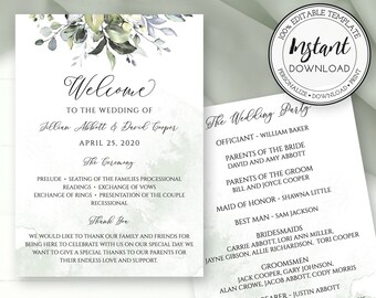 DIY Wedding Program Template, Watercolor Greenery Program Printable, Rustic Wedding, Garden Wedding, Boho Wedding, Instant Download, W103