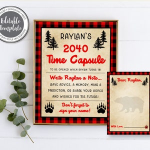 Lumberjack Time Capsule Sign and Card, Editable Template, Wild One First Birthday Wishes, 1st Birthday Poster, Buffalo Plaid, BP101