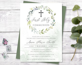 May include: A green and white watercolor floral wreath with a cross in the center. The text "First Holy Communion" is written in cursive below the wreath. The invitation is for Anna Marie Smith's First Holy Communion on January 21, 2024 at 11:00 AM at St. Michael's Catholic Church in New Albany, Indiana.