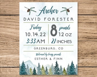Birth Stats Sign: Mountains & Pines Adventure Nursery Art | Editable Template