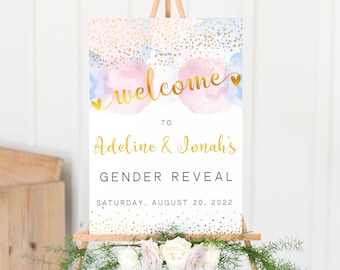 Gender Reveal Welcome Sign, Welcome Poster, Editable Template, Gender Reveal Decorations, Blue Pink Gold, Instant Download, GR226
