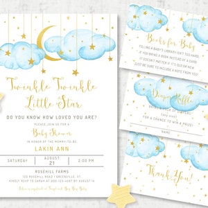 Twinkle Twinkle Little Star, Boy Baby Shower Invitation Set, Blue Clouds with Gold Moon and Stars, Editable Templates, B223