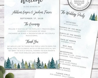 Wedding Program Template, Rustic Mountains & Pines, Order of Service, Ceremony Program, DIY Printable Program, Instant Download, W107
