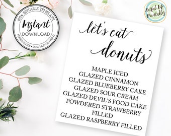 Donut Flavor Sign, Donut Sign Template, Wedding Sign Template, Let's Eat Donuts, Edit Text Font Colors, Instant Download Wedding Sign, W101