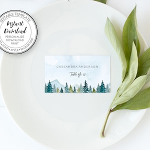Rustic Mountains Pines Seating Card Template, Wedding Seating Card, Flat or Folded Name Card, Place Card, Editable Instant Download, W107