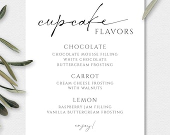 Cupcake Flavor Sign, Cupcake Menu Template, Wedding or Shower Cupcake Sign, Editable Template, Instant Download, W115