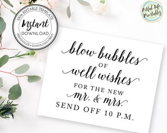 Bubbles Send Off Sign Template, Couple Send Off Sign, Wedding Send Off Sign Printable, New Mr and Mrs Send Off Sign, Instant Download, W101