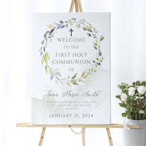 Greenery First Communion Welcome Sign Template, Gender Neutral First Holy Communion Welcome Sign, BI202