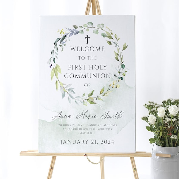 Greenery First Communion Welcome Sign Template, Gender Neutral First Holy Communion Welcome Sign, BI202