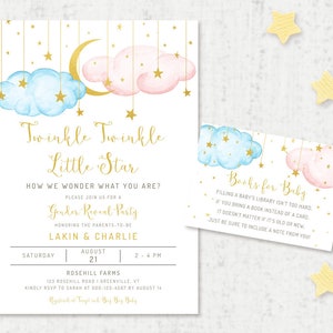 Moon and Stars Gender Reveal Invitation, Twinkle Twinkle Little Star, Gender Reveal Party, Editable Invitation Template, GR222