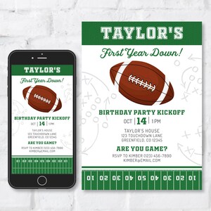 First Year Down Football Birthday Invitation: Sports Theme 1st Birthday (Editable Templates) - BP103