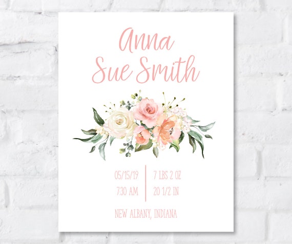 Birth Stats Sign: Floral Birth Announcement Nursery Printable | Editable Template