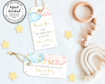 Twinkle Little Star Gender Reveal Favor Tags: Pink & Blue Clouds (Editable Template), gr222