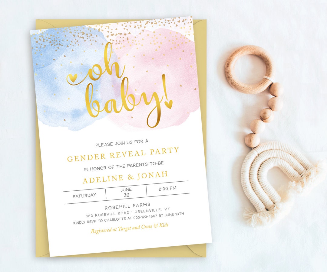 Gender Reveal Invitation Digital, Editable Invitation Template, Oh Baby