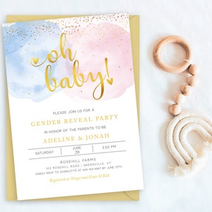 Gender Reveal Invitation Digital, Editable Invitation Template, Oh Baby Invitation, Pink Blue Gold Gender Reveal, Instant Download, GR226