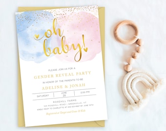 Gender Reveal Invitation Digital, Editable Invitation Template, Oh Baby Invitation, Pink Blue Gold Gender Reveal, Instant Download, GR226