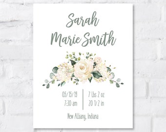 Birth Stats Sign: Floral Girl Nursery Printable | Editable Template