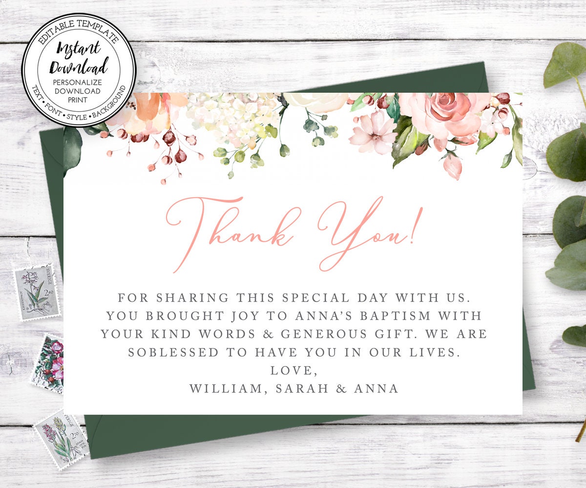 Floral Baptism Thank You Card Baptism Thank You Editable Etsy Nederland