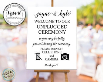 Unplugged Ceremony Sign, Unplugged Ceremony Template, Wedding Welcome sign, Edit Text Font Colors, No Cell Phones or Cameras Sign, W101