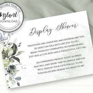 Display Bridal Shower Card, Shower Invite Insert, Watercolor Greenery, Gifts on Display Shower, Instant Download Editable Template, W103
