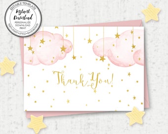 Baby Shower Thank You Card, Twinkle Twinkle Little Star, Pink Clouds with Gold Stars, Editable Template, Instant Download, B222