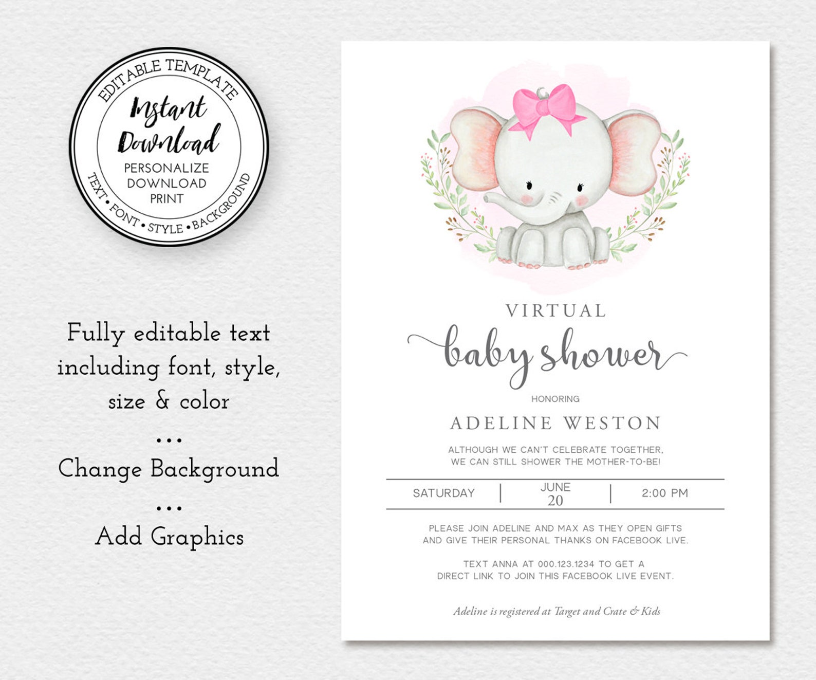 Virtual Baby Shower Invitation Elephant Baby Shower Girl Etsy