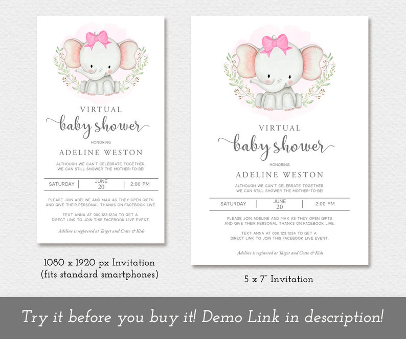 Virtual Baby Shower Invitation Elephant Baby Shower Girl Etsy