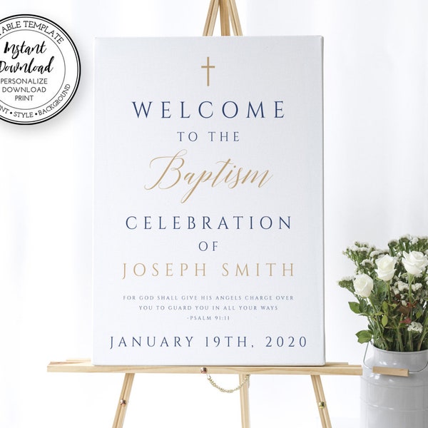 Baptism Welcome Sign Template, First Communion Welcome Sign Template, Gold Navy Welcome Sign, Instant Download, Editable Template, BI206