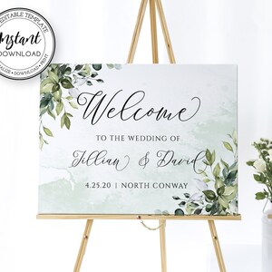 Greenery Wedding Welcome Sign Template, Fully Editable Welcome Sign, Wedding or Bridal Shower Welcome Printable, Instant Download, W103