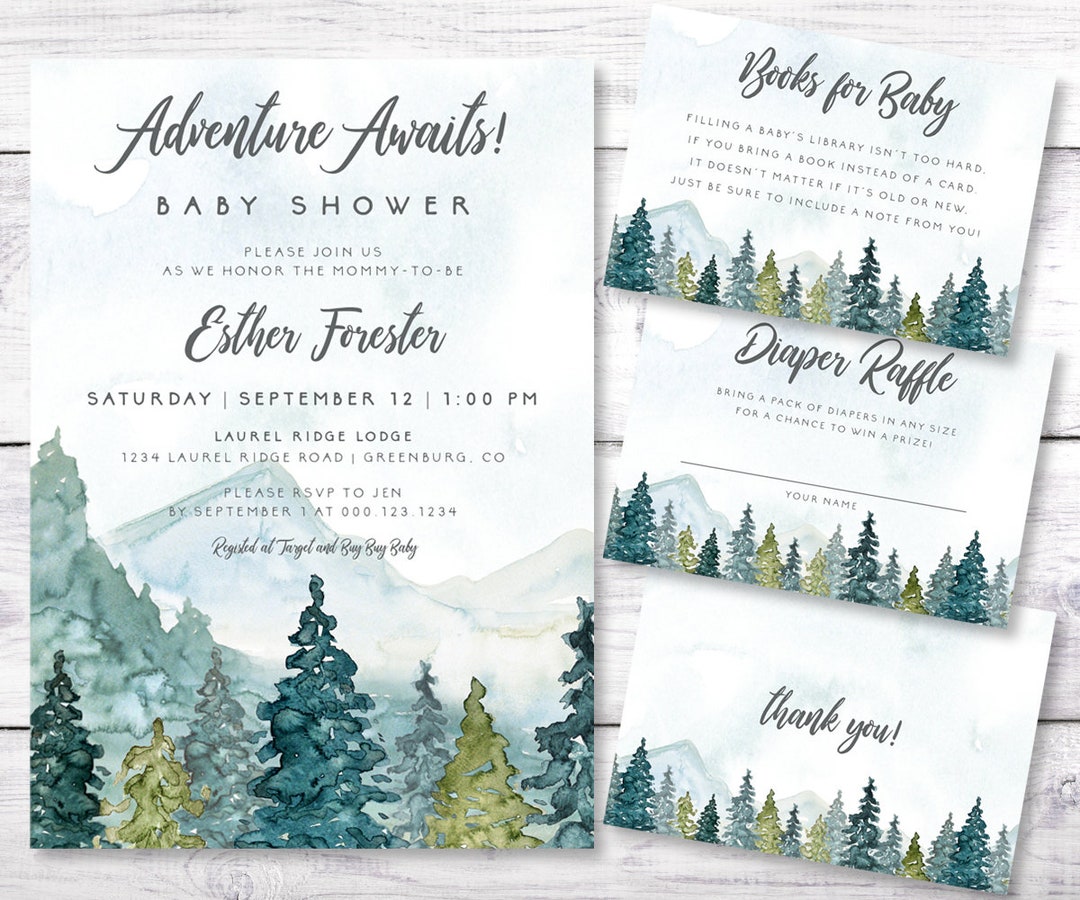 Mountain Adventure Baby Shower Invitation Set, Editable Templates ...