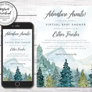 Adventure Baby Shower Invitation Template: Mountain Virtual Shower (Editable Instant Download)