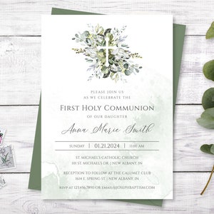 Greenery First Communion Invitation Template, Gender Neutral Boy or Girl First Holy Communion, BI202