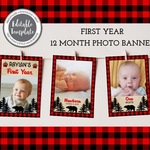 Lumberjack First Year Photo Banner, 12 Month Photo Banner, Monthly Picture Milestone Banner, Wild One Birthday, Red Buffalo Plaid, BP101
