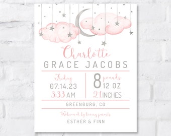 Birth Stats Sign: Pink Clouds with Moon & Stars Printable Nursery Art | Editable Template