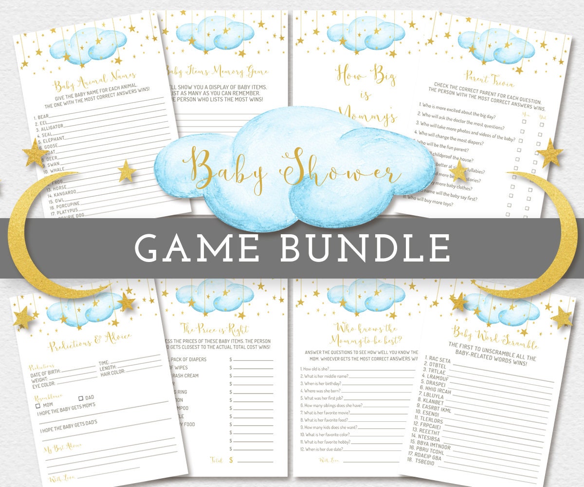 Baby Shower Games, Twinkle Twinkle Little Star, Blue Clouds with Moon and Stars, Baby Shower Games Printable Bundle, Instant Download, B223