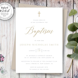 Baptism Invitation Template, Pale Gold Baptism Invitation Printable, Boy Girl Invitation Template, Gender Neutral, Instant Download, BI206