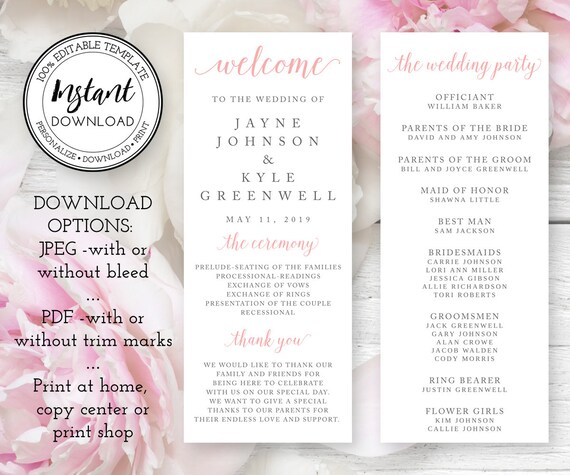 Fully Editable Wedding Program Template Change Color Text Etsy