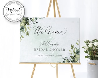 May include: A welcome sign for a bridal shower with a watercolor background and greenery. The sign says "Welcome to Jillian's Bridal Shower 2.29.20 North Conway".