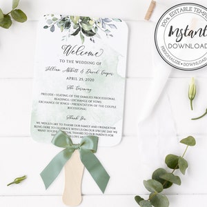 Wedding Program Fan Template, DIY Wedding Hand Fan, Ceremony Program Fan, Watercolor Greenery, Outdoor Wedding Fan, Instant Download, W103