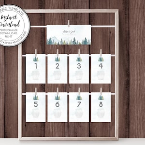 Mountains Pines Wedding Seating Chart, Mountains & Pines, Editable Template, Seating Chart Cards, Seating Plan, Seating Assignment, W107