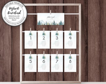May include: A set of eight printable wedding table number cards with a watercolor design of pine trees and a mountain range. The cards are numbered 1 through 8 and are ready to be printed and displayed at a wedding reception.
