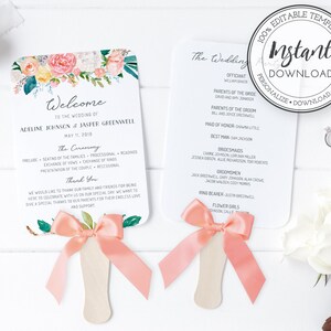 Editable Wedding Program Fan Template, Floral Wedding Hand Fan, Ceremony Program Fan, DIY Wedding Program Fan, Instant Download, W102