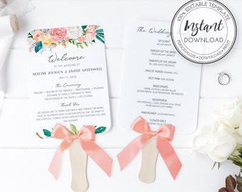 Editable Wedding Program Fan Template, Floral Wedding Hand Fan, Ceremony Program Fan, DIY Wedding Program Fan, Instant Download, W102
