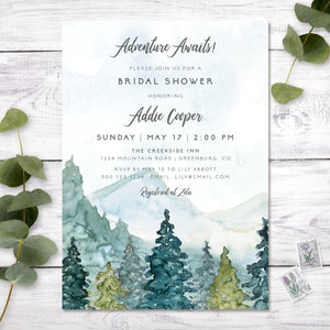 Adventure Awaits Bridal Shower Invitation Template, Rustic Mountains Wedding Shower, Engagement Invite Template, Instant Download, W107