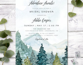 Mountain Bridal Shower Invitation Template, Mountains and Pines, Rustic Wedding Shower, Engagement Invite Template, Instant Download, W107