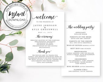 Puede incluir: Dos programas de boda blancos con texto negro. Un programa dice "welcome" y enumera los detalles de la boda, incluidos los nombres de la pareja y la fecha. El otro programa enumera el cortejo nupcial.
