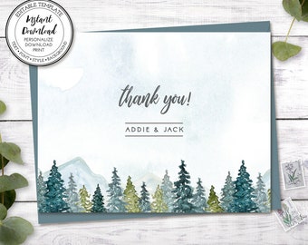 Rustic Wedding Thank You Note Card, Editable Template, Mountains & Pines, DIY Cards, Thank You Card Printable, Instant Download, W107