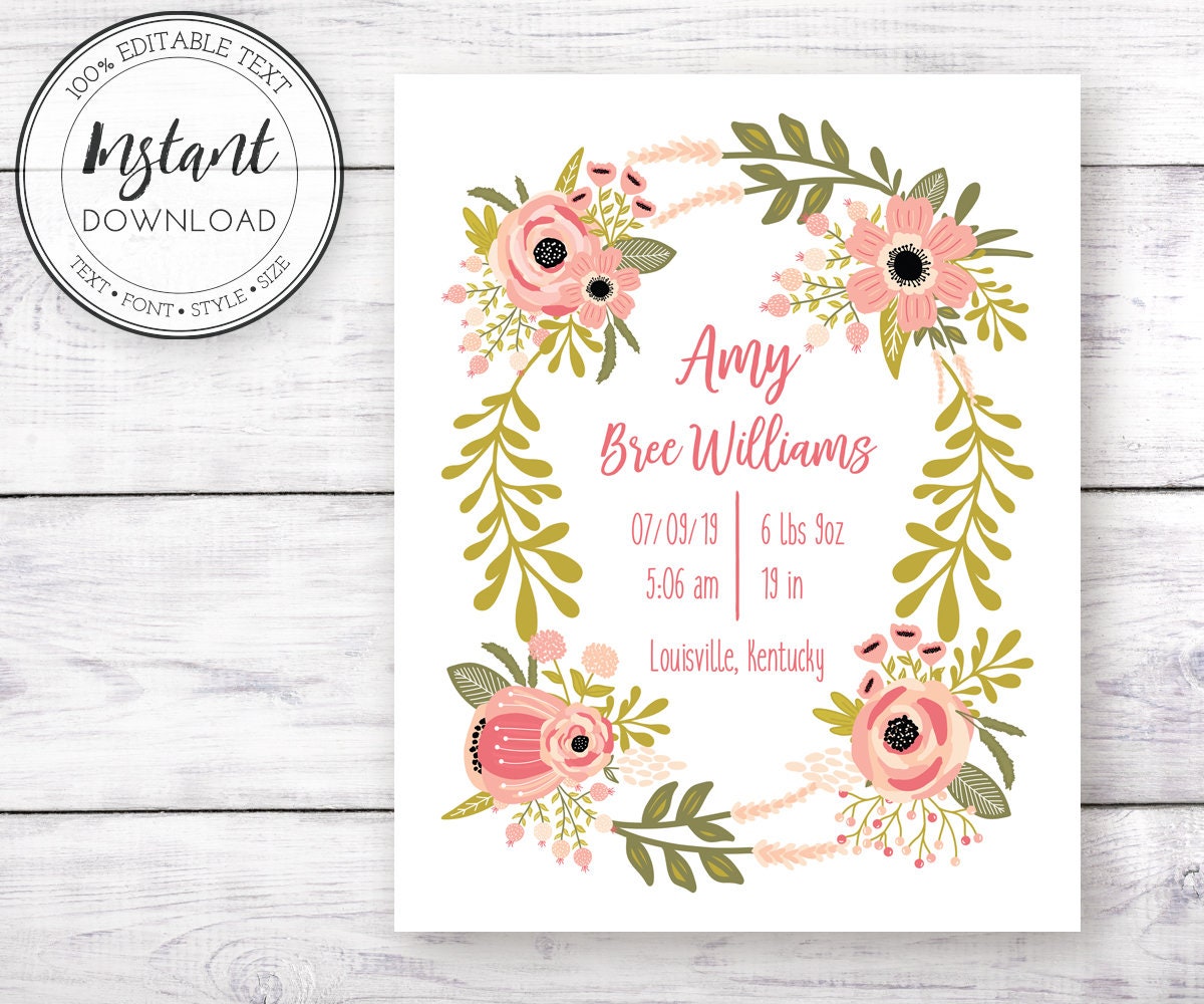 Prints Editable Template Instant Download Birth Announcement Baby Girl ...