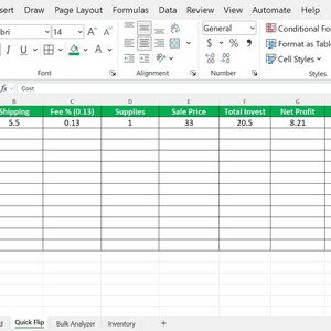 May include: Screenshot of a spreadsheet in Microsoft Excel. The spreadsheet has columns for Cost, Shipping, Fee, Supplies, Sale Price, Total Invest, Net Profit, and ROI. The ROI is 40.05%.
