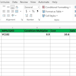 May include: A screenshot of a Microsoft Excel spreadsheet. The spreadsheet shows data in columns with headers like 'Item', 'UPC', 'MPN/QXD', 'Condition Multiplier', 'Cost', 'Sale Price', 'Adjusted Sale', and 'Net Profit'. The first row shows data for 'CAPTAIN REX'.